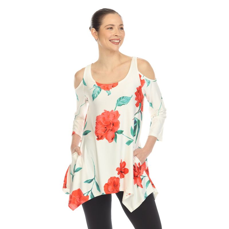Women's Floral Printed Cold Shoulder Tunic - White Mark, 1 of 6