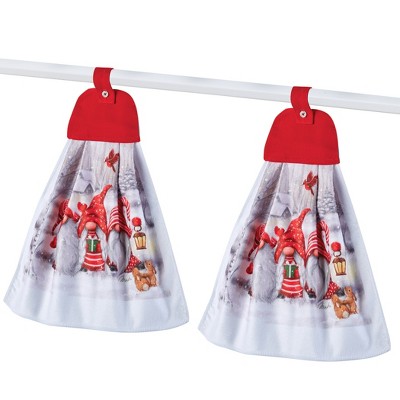 Collections Etc Festive Gnome Hanging Kitchen Towels - Set of 2 Red