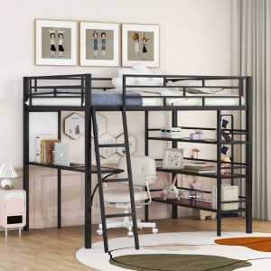Full Size Loft Metal Bed with 3 Layers of Shelves and Desk, Stylish Metal Frame Bed with Whiteboard, Black - 1 of 4
