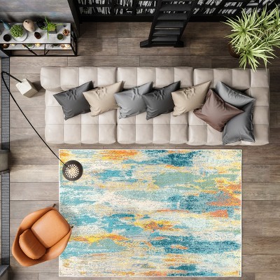 Blue and Cream Abstract Watercolor 4' x 6' Area Rug