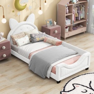 Teddy Fleece Twin Size Upholstered Daybed with Carton Ears Shaped Headboard, White - 1 of 4