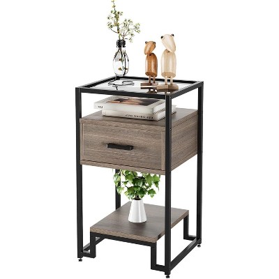 Homhougo Nightstand, End Table with Storage Drawer and 3-Tier Storage & Tempered Glass Top, Bedside Furniture with Steel Frame, Easy Assembly, Grey