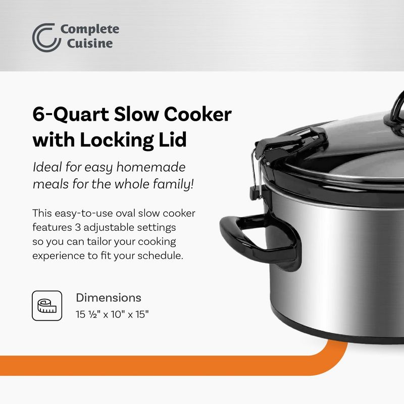 Complete Cuisine CC-SL-6100-LL-SS 6-Quart Oval Slow Cooker with Locking Lid, 2 of 7
