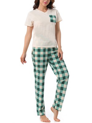 cheibear Womens Sleepwear V-Neck Nightwear with Pants Loungewear Pajama Set  Green X Small