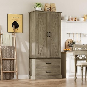Kitchen Pantry Storage Cabinet with Barn Doors, Drawer, and 2 Adjustable Shelves, Freestanding Tall Hutch with Microwave Stand for Kitchen - 1 of 4