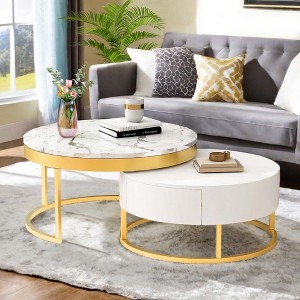 NicBex Modern Round Nesting Coffee Table with Drawers and Metal Base for Living Room, White - 1 of 4