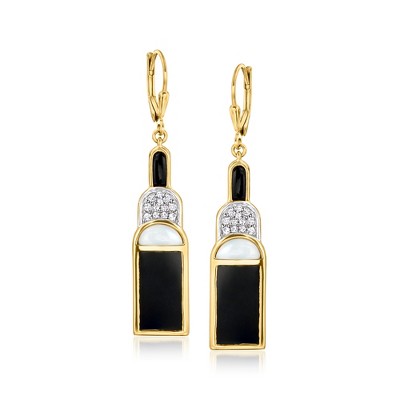 Ross-Simons Onyx and Opal Geometric Drop Earrings With .30 ct. t.w. White Topaz in 18kt Gold Over Sterling