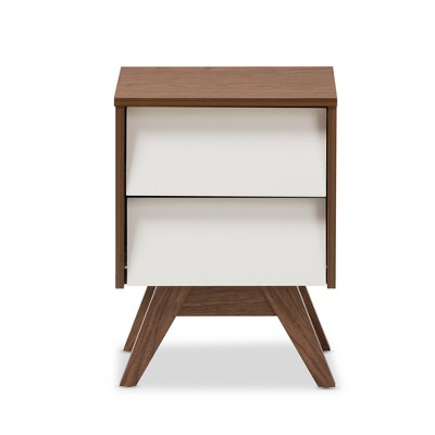 Walnut and White 2-Drawer Mid-Century Modern Nightstand