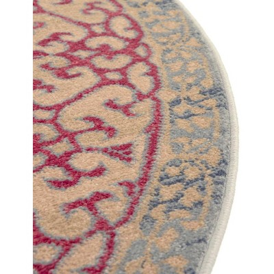 Light Blue and Red Round Synthetic Stain-Resistant Rug