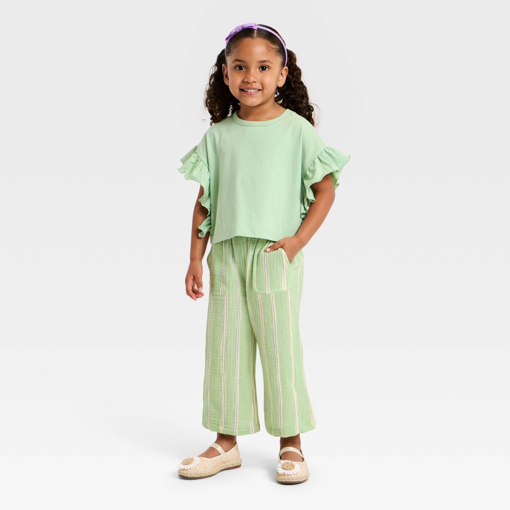 Grayson Mini Toddler Girls' Striped Guaze T-Shirt and Pant Set - Light Green 12M