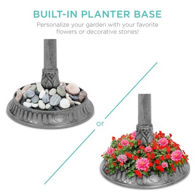 Stone Solar-Powered Bird Bath with Planter Base and Lamp