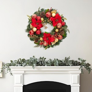Christmas Wreath, 24 Inch Pre-Assembled Christmas Wreath with Lights, Red and Gold Balls for Fireplace, Window, Wall Decoration - 1 of 4