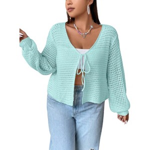 Women's Plus Size Cardigan Boutique Summer Top Hollow Out Open Knit Sweater Ladies Tie Front Shrug - 1 of 4