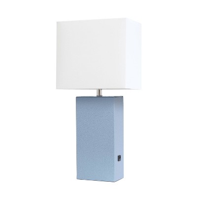 Modern Leather Table Lamp with USB and Fabric Shade Periwinkle - Elegant Designs