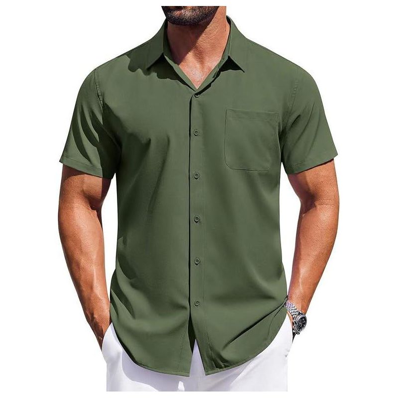 COOFANDY Mens Short Sleeve Dress Shirts Button Down Shirts Regular Fit Business Casual Shirt with Pocket Army Green S