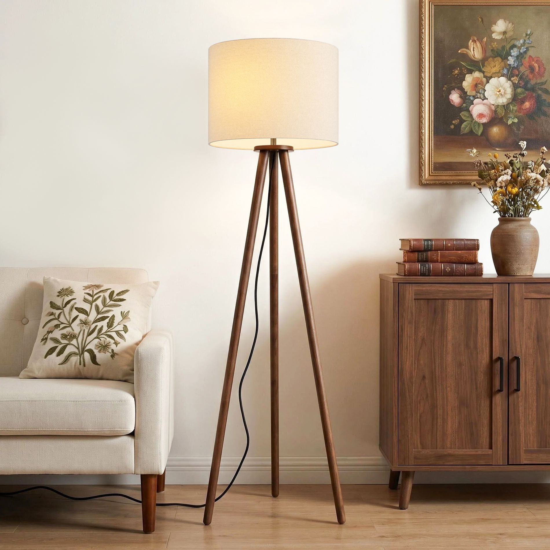 60.5" Natural Wood Tripod Floor Lamp, Nordic Style with White Linen Shade for Bedroom, Living Room, Study, Reading Room & Office