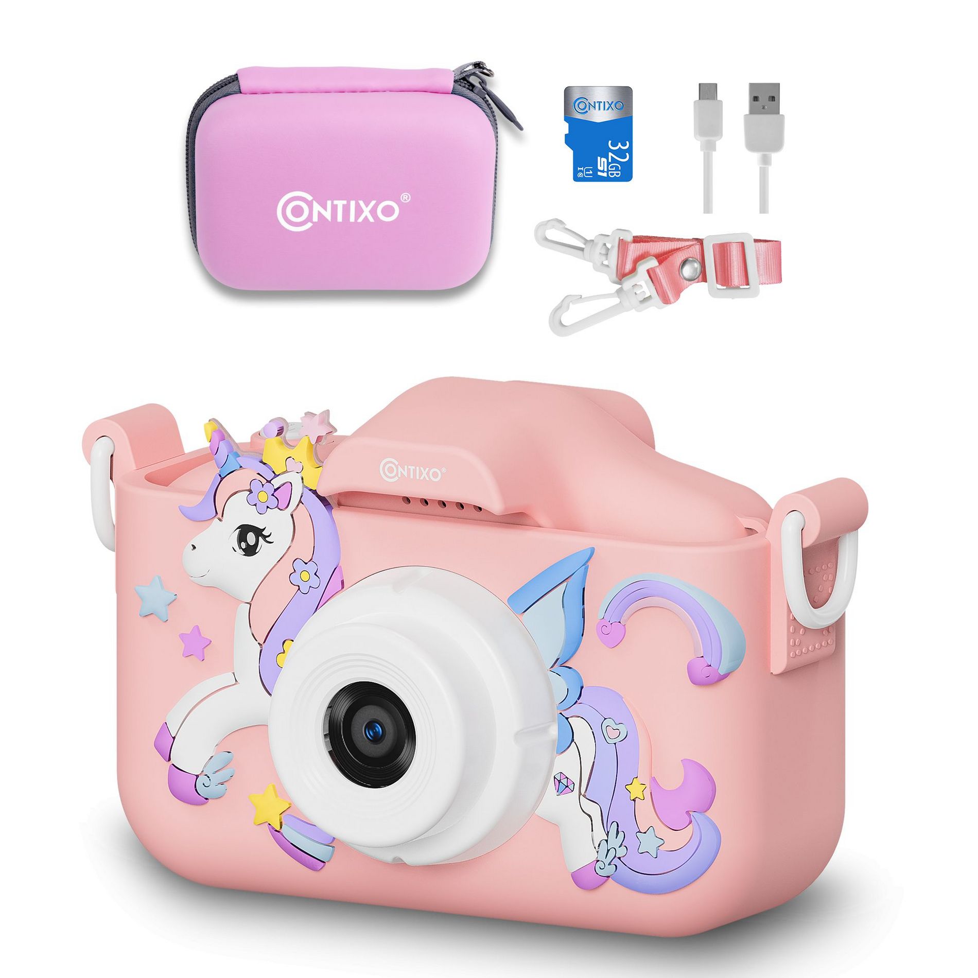 Contixo Kids Digital Camera, 1080p HD, Dual Lens, 4x Zoom, Games, Ages 3-8 - Pink Unicorn