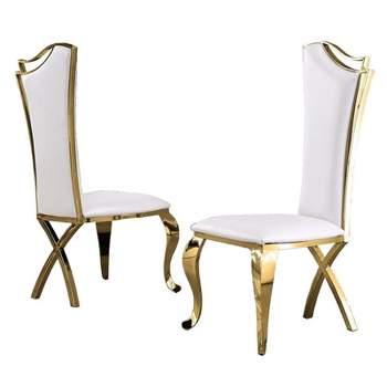 Elegant Side Chairs in White Faux Leather and Gold Stainless Steel (Set of 2)