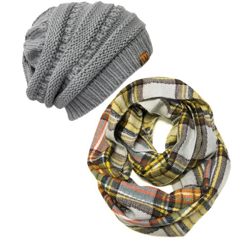 Wrapables Plaid Print Infinity Scarf and Beanie Hat Set, Tan/Orange and Gray Set - image 1 of 4