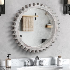 Vintage Wood Mirror, Round Hanging Gear Shape Vanity Mirror Wall Decor, Modern Mirror for Bathroom, Bedroom, Living Room - ModernLuxe - 1 of 4