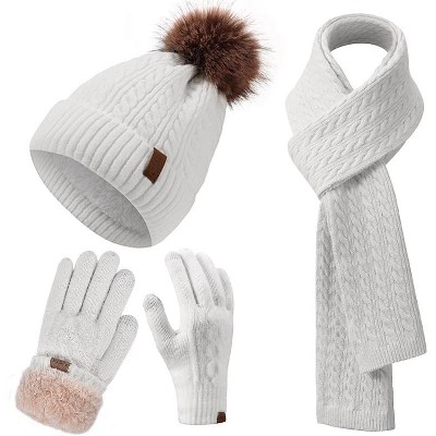 ZUPPAD Winter Hat Scarf Gloves Set for Women, Classic Cable Beanie with Removable Pom Pom Long Scarf Touchscreen Gloves 3 in 1 Set