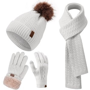ZUPPAD Winter Hat Scarf Gloves Set for Women, Classic Cable Beanie with Removable Pom Pom Long Scarf Touchscreen Gloves 3 in 1 Set - 1 of 4