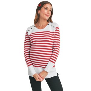 Hello Miz Women's Striped Button Shoulder Maternity Sweater Top - 1 of 4