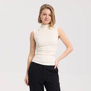 Women's Ribbed High Neck Ruched Top - A New Day™ Cream L : Target