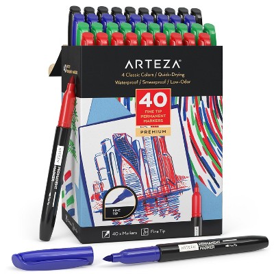 Arteza Set of 40 Permanent Markers, Classic Primaries, 4 Assorted Colors: Black, Red, Green, Blue, Acrylic Fine Nib (ARTZ-4414)