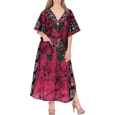 HAPPY BAY Women's Summer Pocket Nightgown Batik Caftan for Women Sleepwear Long House Loungewear Dashiki Dress Plus Size 1X-2X Pink, Tie Dye Design