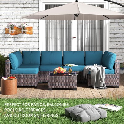 Garvee 7 Piece Outdoor Patio Furniture Set, PE Rattan Wicker Sofa Set, Outdoor Sectional Furniture Chair Set with Cushions and Tea Table