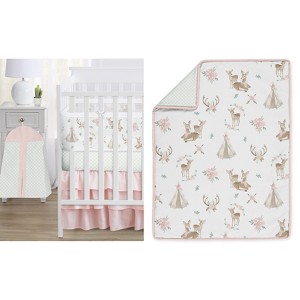 Sweet Jojo Designs 6p Girl Crib Bedding + BreathableBaby Breathable Mesh Liner Anti Bumper Pad Deer Floral Pink Green White - 1 of 4