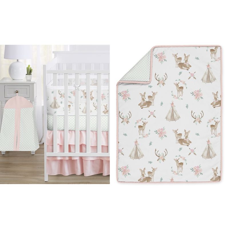 Sweet Jojo Designs Girl Crib Bedding + BreathableBaby Breathable Mesh Liner Deer Floral Pink Green White, 1 of 7