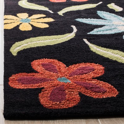 Handmade Black Floral Wool Runner Rug 2'3" x 6'