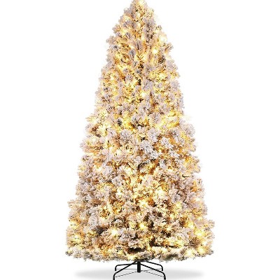6 FT Christmas Tree with 200 Multicolor  Lights, Prelit Snow Flocked Christmas Tree with Foldable Metal Base, 8 Lighting Modes