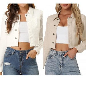 INSPIRE CHIC Women's Turn Down Frayed Button Down Washed Cropped Denim Jacket 2 Packs - 1 of 4