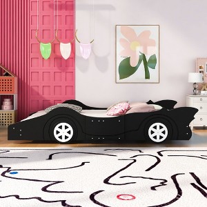 Okak Platform Bed Frame with Wheels and Race Car-Shaped Bedroom Furniture for Kids Noise-Free Bed Strong Wood Slats Easy Assembly - 1 of 4
