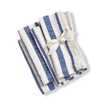 TAG Blue Seersucker Stripes on White Background Cotton Machine Washable Napkin Set of 4, 20Lx20w inch
