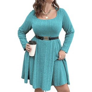 Women's Plus Size Casual Sweater Dress Square Neck Long Lantern Sleeve Tie Waist - 1 of 2