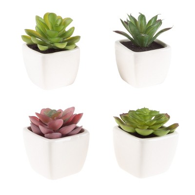 Nature Spring Set of 4 Assorted Faux Succulents with Lifelike Greenery and Decorative Ceramic Pots for Indoor Use