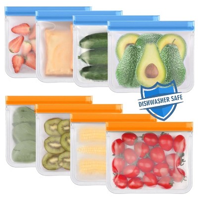LunaLulinlk 8-Pack Reusable Silicone Sandwich Bags, Dishwasher-Safe, Leak-Proof Double Zipper, Freezer Bags, Orange and Blue