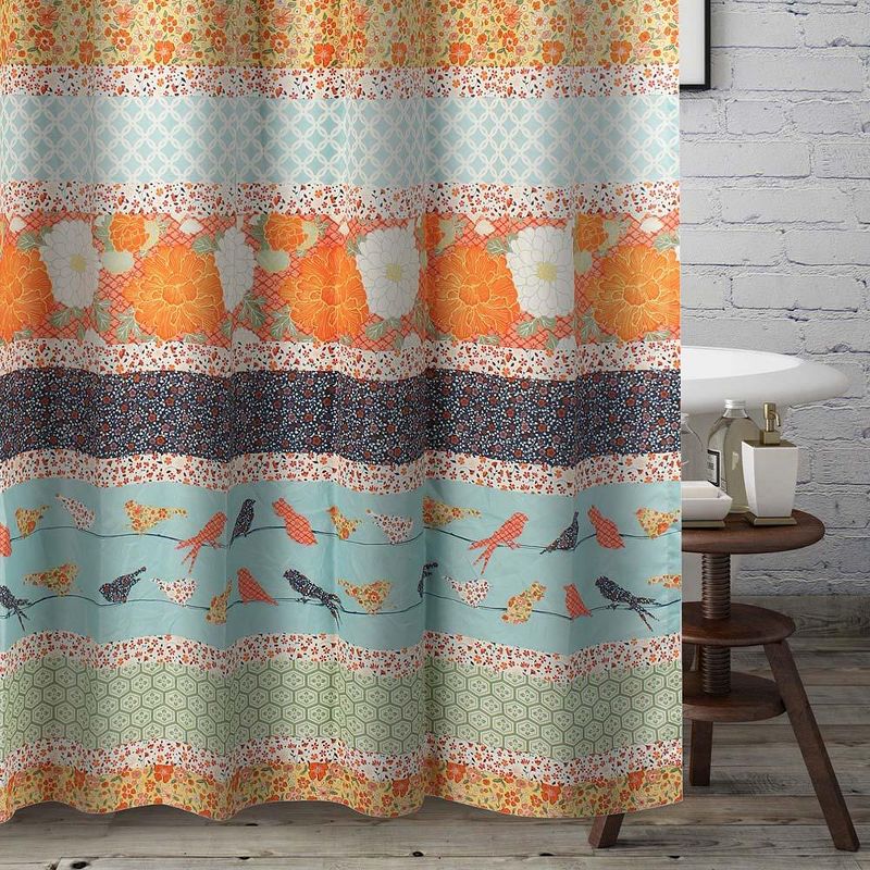 Barefoot Bungalow Carlie Florals and Whimsical Songbirds Shower Curtain 72"x72" Calico Stripe, 3 of 6