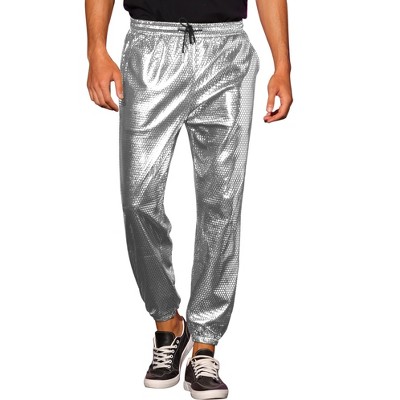 Lars Amadeus Men's Drawstring Waist Party Shiny Disco Metallic Joggers  Pants Silver 28
