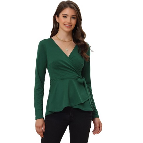 Allegra K Women's Elegant V Neck Long Sleeves Tie Waist Knit Casual Wrap  Peplum Blouse Green X-Small