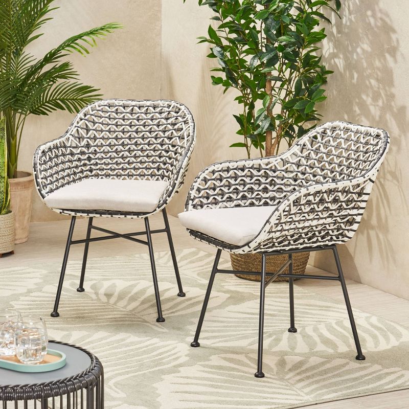 Beulah 2pc Patio Wicker Chairs with Cushions - White/Beige/Black - Christopher Knight Home, 1 of 6