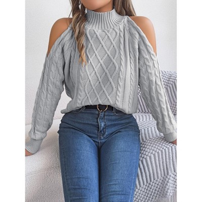 Garvee Women Soft Sexy Half-High Neck Cold Shoulder Long Sleeve Cable-Knot Knit Pullovers Sweater Tops