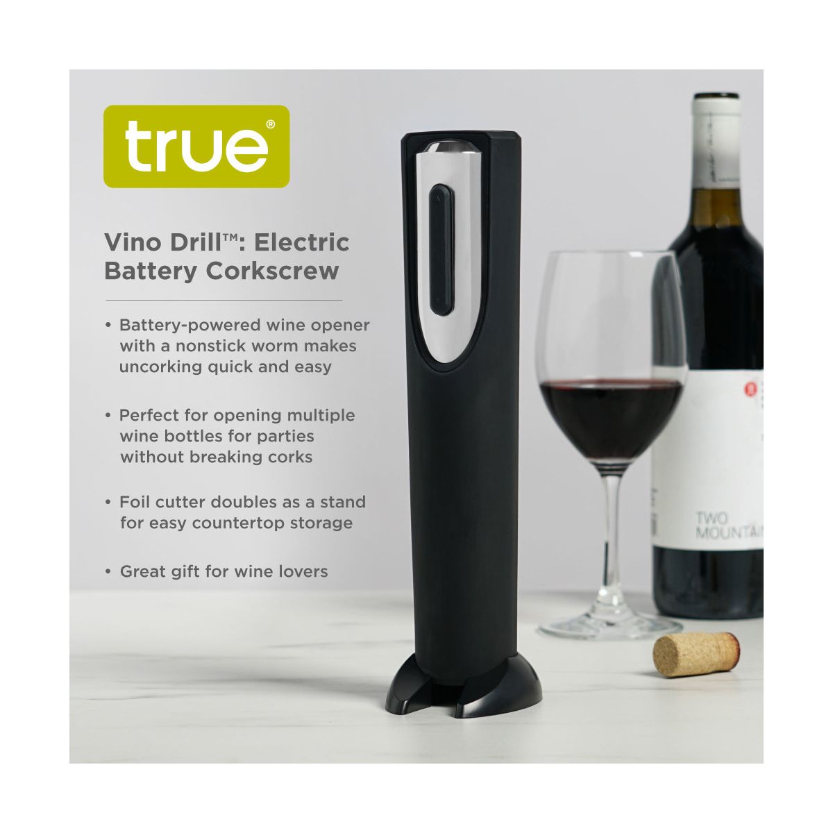 True Vino Drill Electric Wine Bottle Opener - Automatic Corkscrew Wine Opener with Foil Cutter and Stand - Black Set of 1 - thumbnail 2
