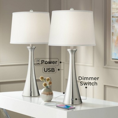 Modern Brushed Nickel Table Lamps with White Drum Shades, Set of 2