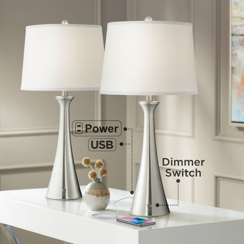 360 Lighting Karl Modern Table Lamps 27 1/2" Tall Set of 2 Brushed Nickel with USB and Outlet White Drum Shade for Bedroom Living Room House Bedside, 2 of 10