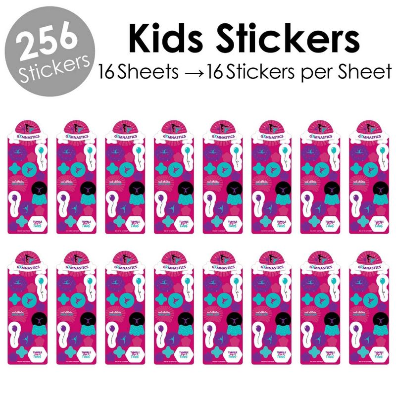 Big Dot of Happiness Tumble, Flip and Twirl - Gymnastics - Gymnast Birthday Party Favor Kids Stickers - 16 Sheets - 256 Stickers, 2 of 8